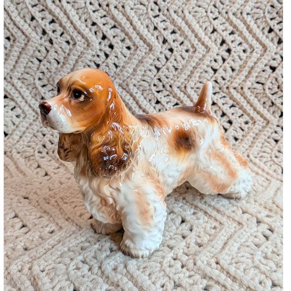 Vintage Shafford Japan Ceramic Cocker Spaniel Dog Figurine Tan White Brown 8.5in